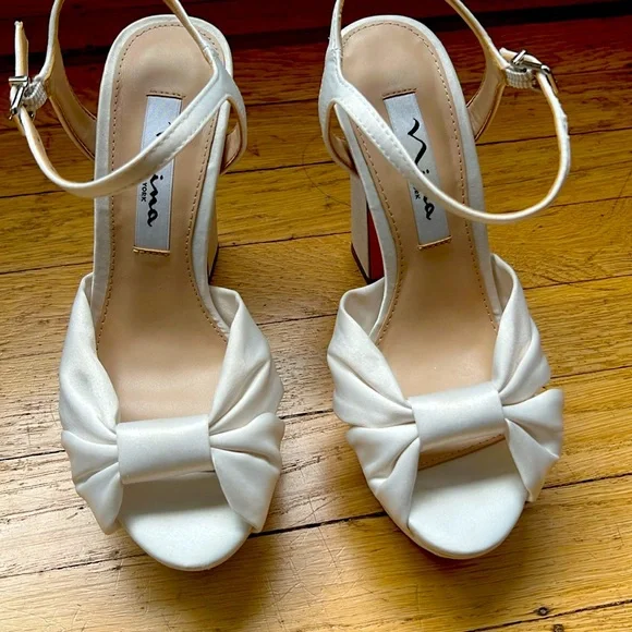 Womens Ivory Satin Stiletto Block-Heel Platform Sandal - Picture 1 of 5